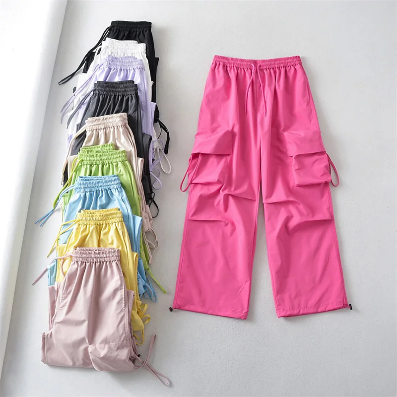 

Spring Summer Safari Style Straight Trousers Women Flash Drying Wide-leg Pants Outdoor Drawstring Loose Casual Pants Streetwear