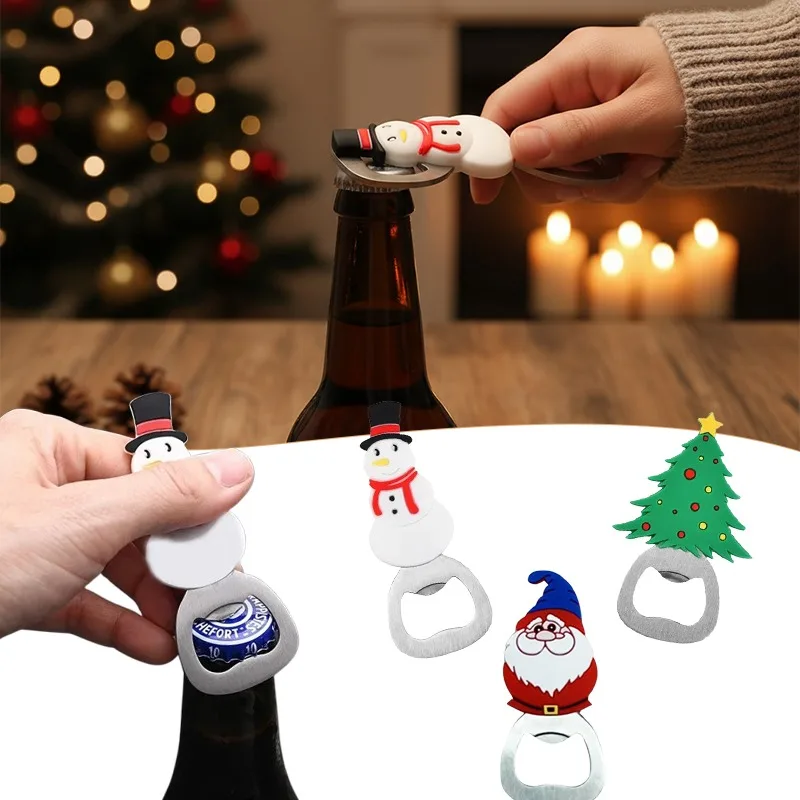 1-10PCS 2026 Navidad Party Bottle Openers Santa and Snowman Silicone Stainless Steel Beer Openers for Christmas Decor Supplies