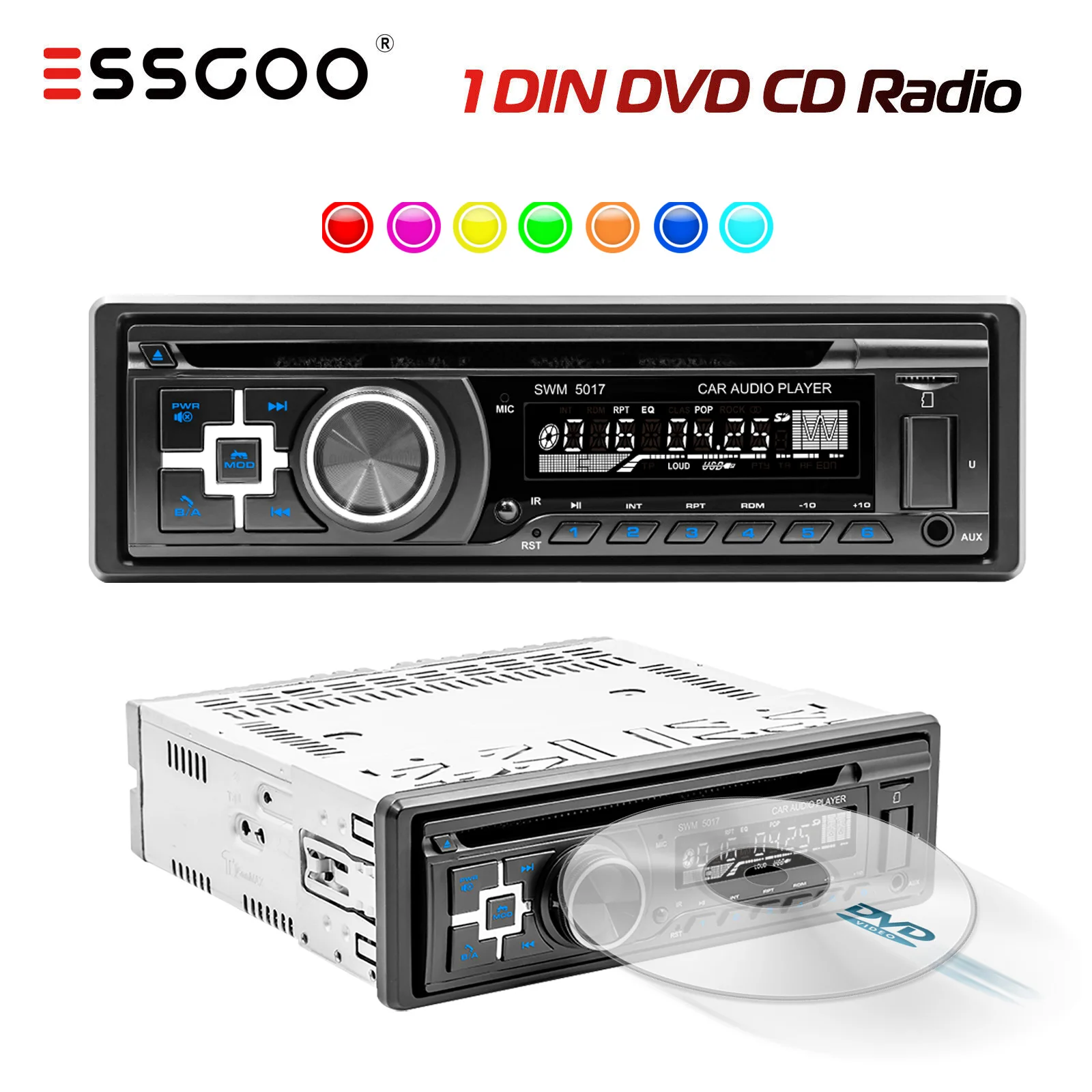 ESSGOO Universal CD DVD Player Car Stereo Head Unit USB AUX Bluetooth Handsfree Single 1 DIN In-Dash FM Radio