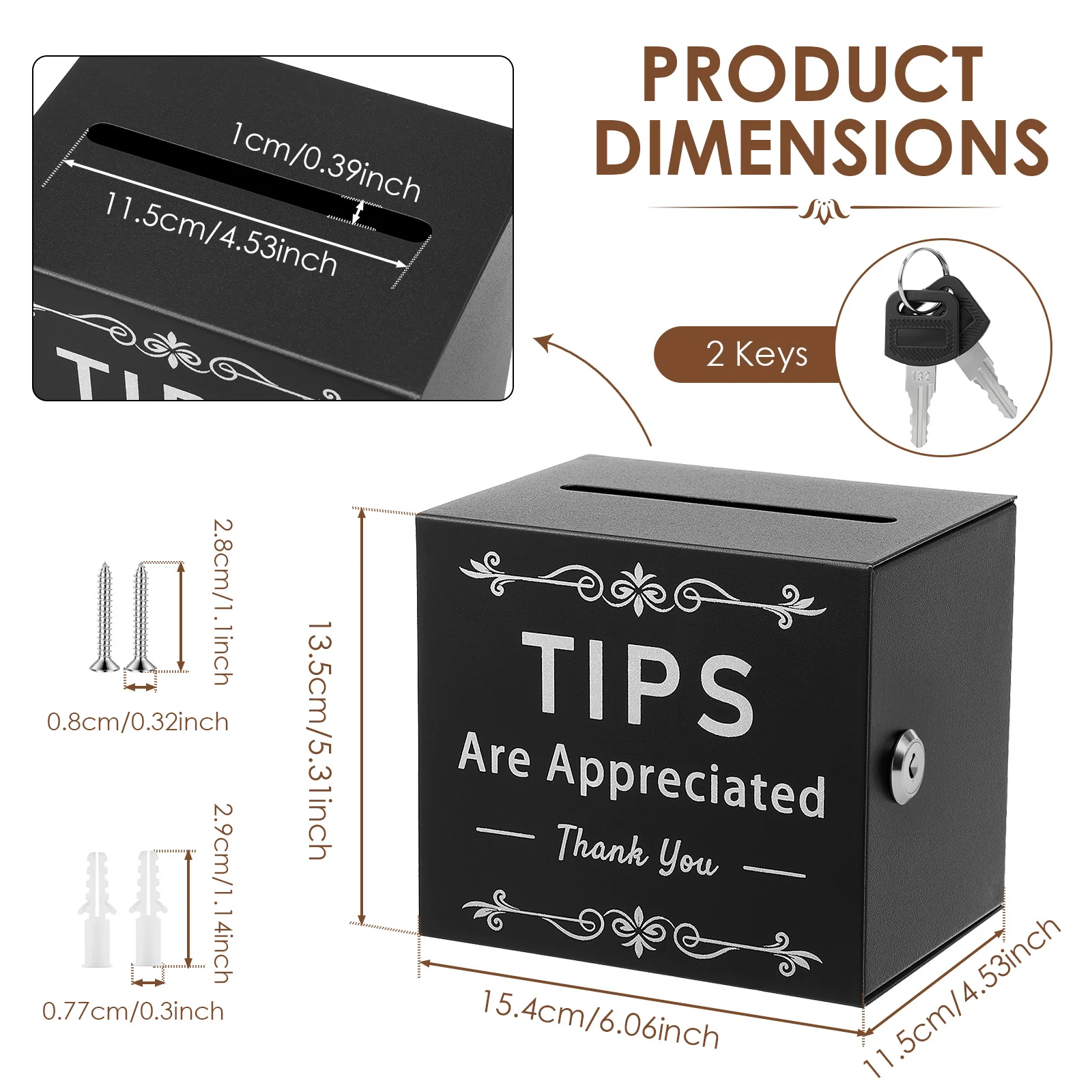 Metal Tip Box Safe Money Jar Lockable Suggestion Box with 2 Keys and Slot for Bar Cafe Restaurant Desk and Fundraising Event