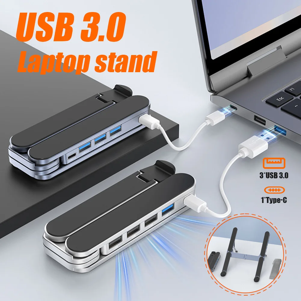 Aluminum Alloy Laptop Holder Stand With HUB USB 3.0/Type C Adjustable Foldable Portable Cooling Anti-slip Stand For 17in Macbook