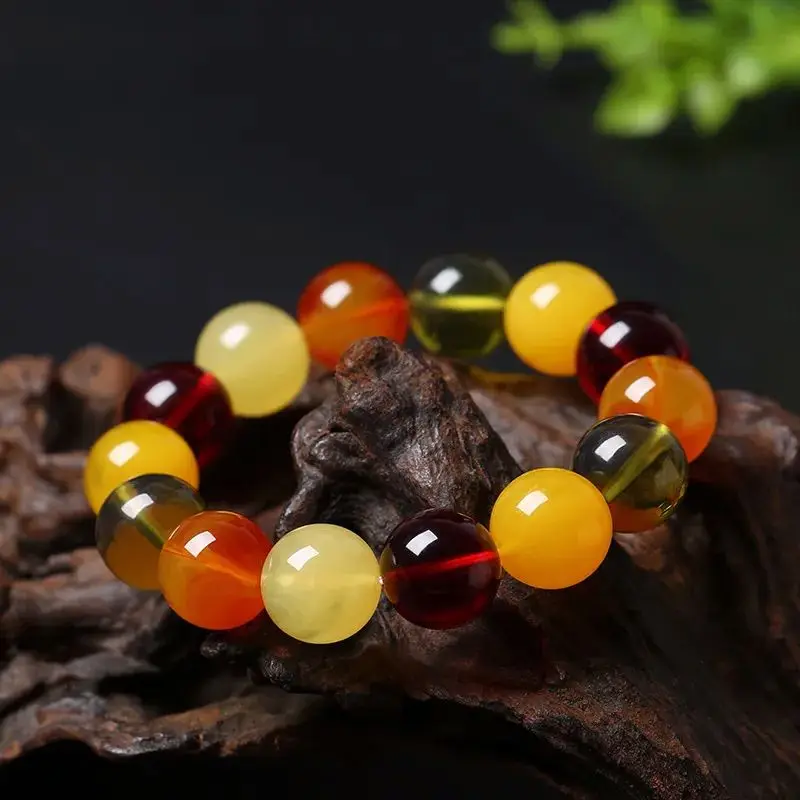 Certified 10-20mm Natural Multicolor Amber Beeswax Round Beads Stretch Bracelet AAA