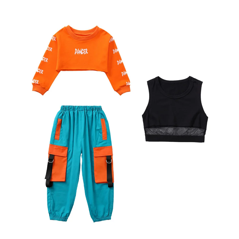 Haut court Hip Hop pour filles, pantalon Cargo contrasté, jogging Jazz, Streetwear, sweat-shirt pour enfants, vêtements de pom-pom girl de danse de rue
