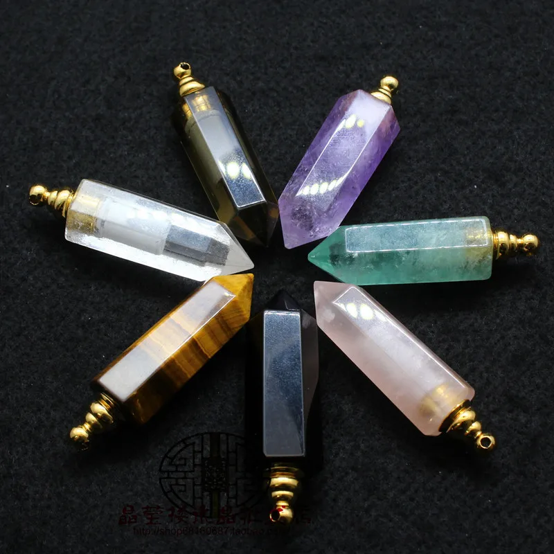 Natural Gems Stone Faceted Prism Perfume Bottle Pendants Necklace,Cut Hexagon Points Crystal Essential Oil Diffuser Vial Charms