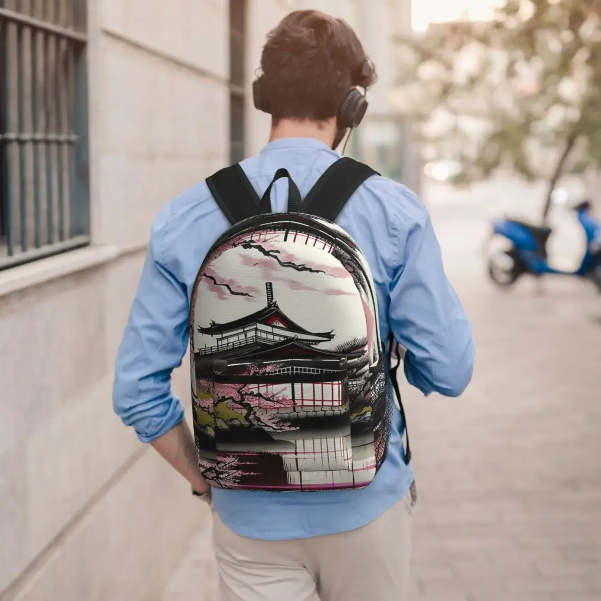 Traditional Asian Architecture With Cherry Blossoms Student Backpack School Bag Hiking Travel Daypack Bookbag Shoulder Bags