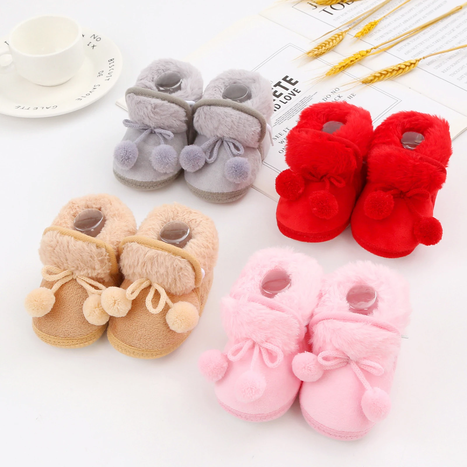 

Baby Winter Snow Boots Infant Plush Bobble Decorated Boots Warm Girl Boy Kids First Walker Shoes