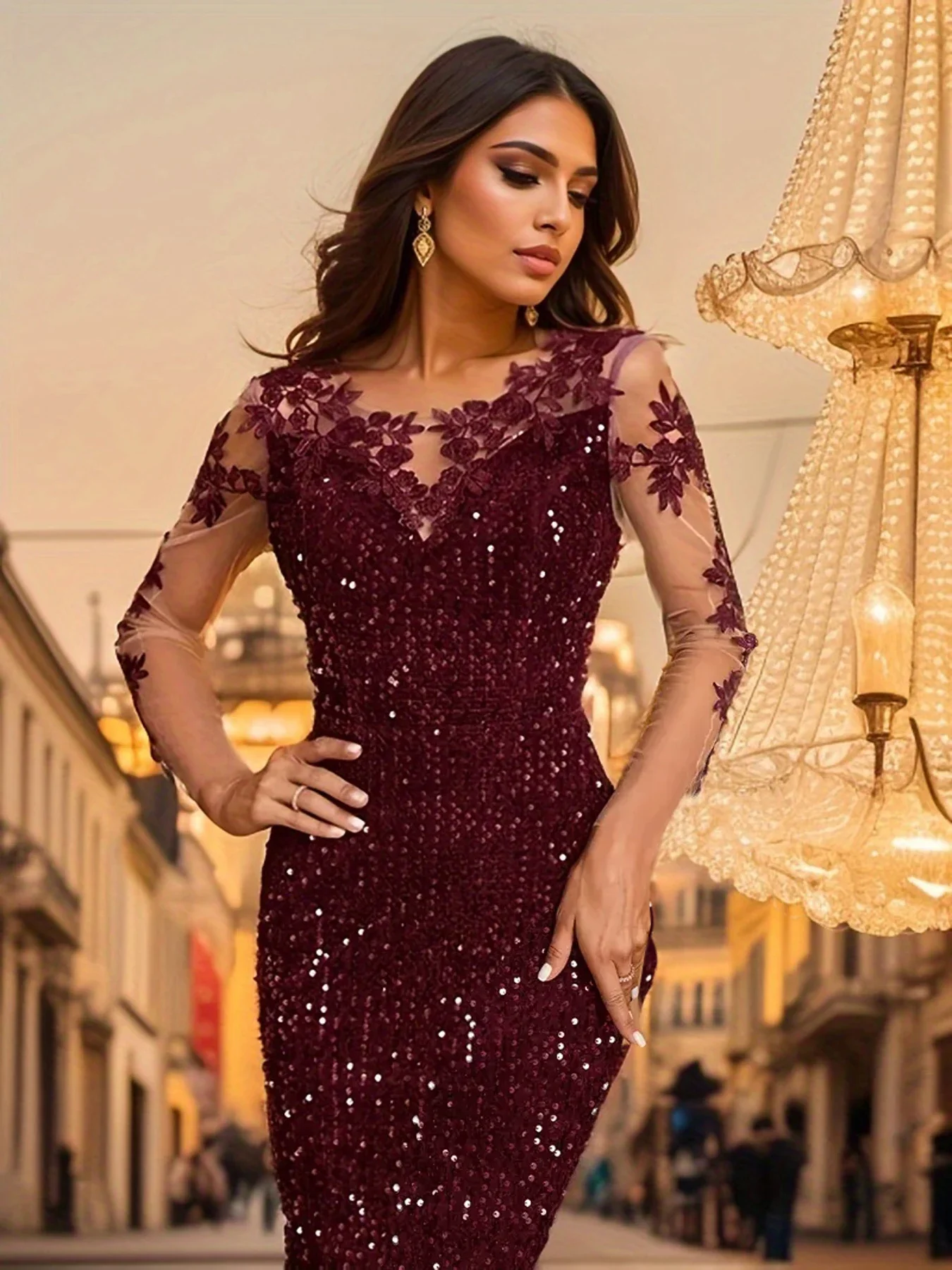 Full Sleeved Lace Patchwork Sequined Long Evening Dress Prom Gown for Women Green Burgundy