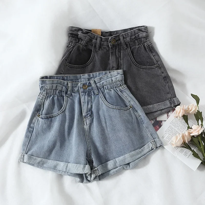 

Summer Chic High Waist Loose Wide Leg Pants Women's Denim Shorts Casual Hot Shorts Roll up Hem Elastic Waistband
