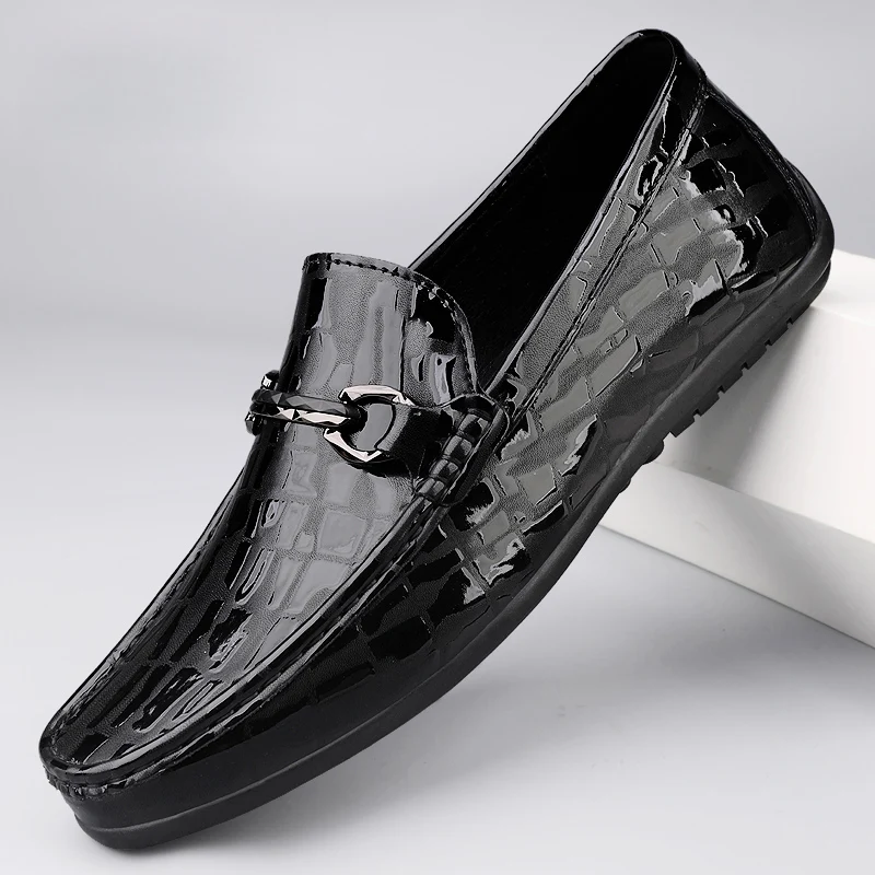 Spring New Brand Fashion Business Metal Buckle Loafers Shoes Mens Crocodile Leather Comfortable Anti Slip Wedding Driving Shoes