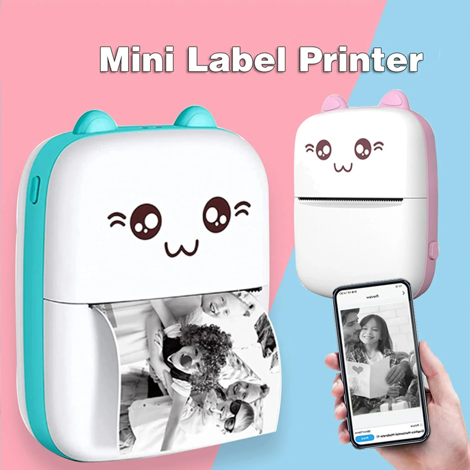 Portable thermal printer mini cat print photo pocket thermal label printer 58mm printing wireless Bluetooth Android iOS printers