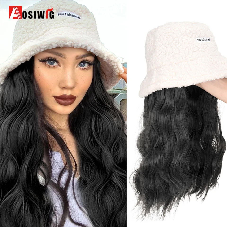 AOSI Synthetic Hat Wig Long Wavy Wig Fashion Autumn And Winter Lamb Hair Fisherman\'s Hat Ripple Wig Hat For Women