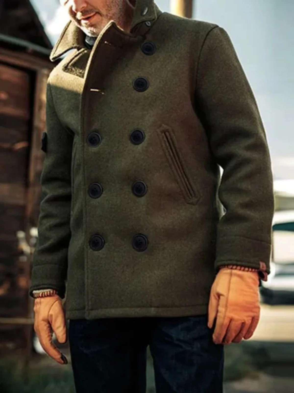 

Men's Pure Color Woolen Coat with Buttoned Collar ort Sve V-Ne Outerwear for Young Men in Autumn Season
