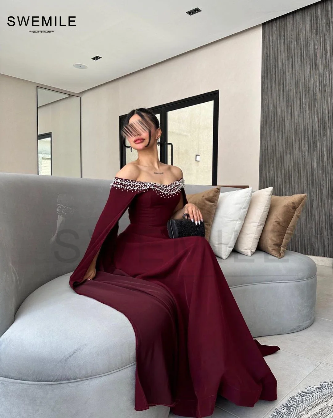 SWEMILE A-Line Off-The-Shoulder Neckline Floor-Length Long Sleeves Dresses For Prom Formal Occasion Dresses Elegant And Beautifu