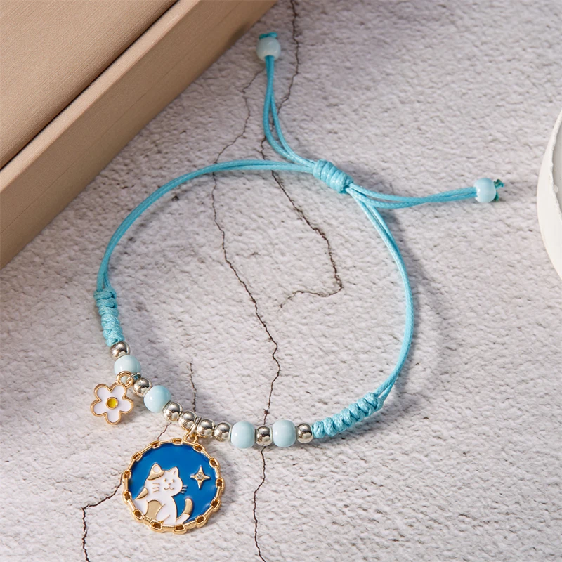 2024 New Cute Cartoon Animal Cat Daisy Flower Bracelets For Women Korean Charm Kitten Braided Bracelet Friendship Jewelry Gifts