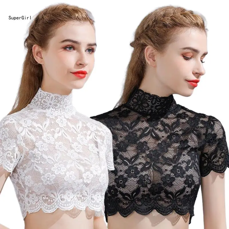 Women Turtleneck Detachable Collar Floral Lace Short Sleeve Half Shirt Dickey