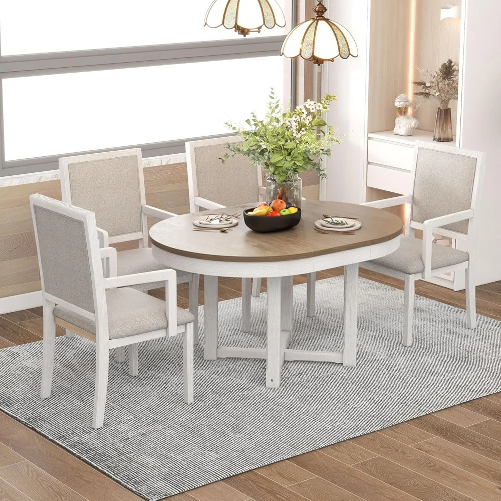 Farmhouse 5-piece Retractable Circular Dining Table Set,equipped with Butterfly Leaf Table and 4 Comfortable Cushioned Armchairs