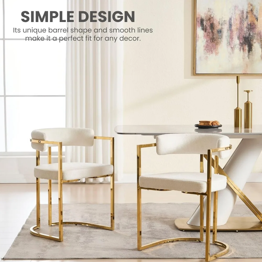 زوج من كراسي تناول الطعام المنجدة باللون الأبيض الحديث مع أرجل ذهبية، تصميم برميل مفتوح الظهر للمطبخ وغرفة الطعام #5