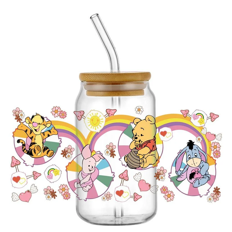 Miniso winnie bear 16oz uv dtf copo envoltório transferências dos desenhos animados libbey envoltório tumbler diy logotipo adesivo de vidro pode autoadesivo à prova dwaterproof água