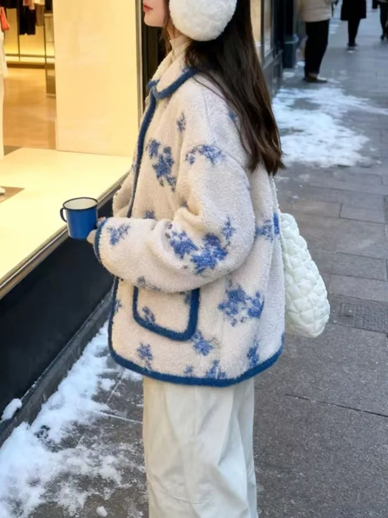 

Floral Print Lamb Fur Jaet Women's Loose Warm Top Double ket Color Blo Winter New Sle Korean Sle Street Faion