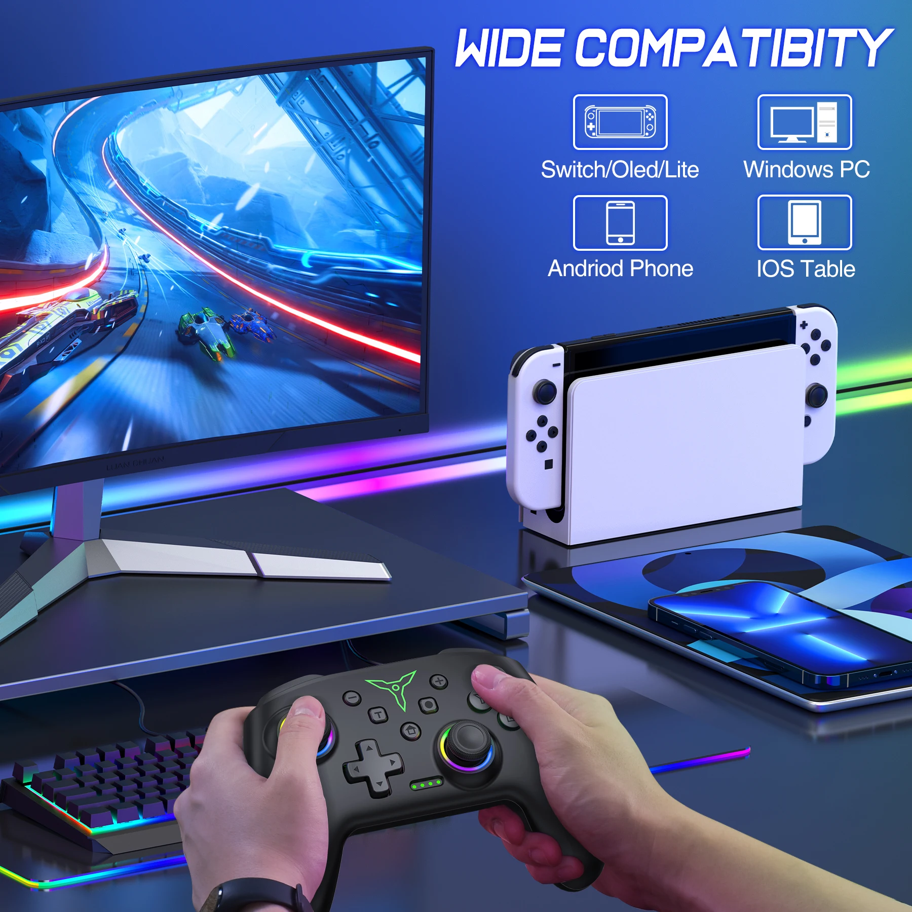 BEBONCOOL Q218 Wireless RGB Switch Controller For Nintendo Switch/OLED/Lite/Android/IOS/ PC with Programmable,Turbo,6-Axix Gyro