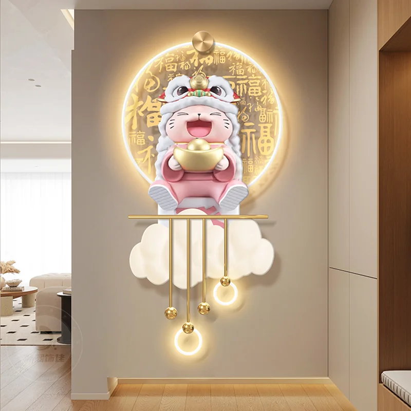 Chinese lion dance cat entrance decoration painting, cream style character corridor hanging painting, entrance door light mural