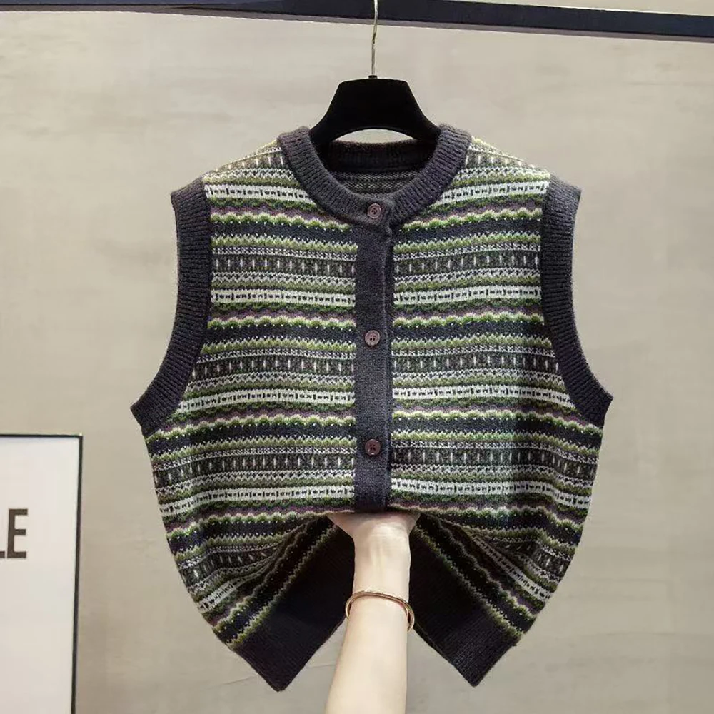 

Женский винтажный жаккардовый вязаный жилет, повседневный однобортный вязаный жилет с круглым вырезом, осенний свитер без рукавов, пальто, верхняя одежда