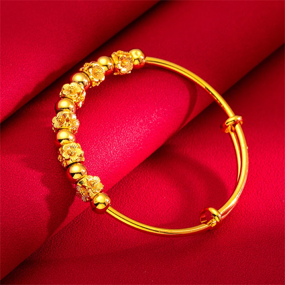 Women\'s Hand Bracelets Yellow Gold Plated Flower Beads Cuff Bangles Pulsera Femme Wedding Jewelry Accessories Party Gifts