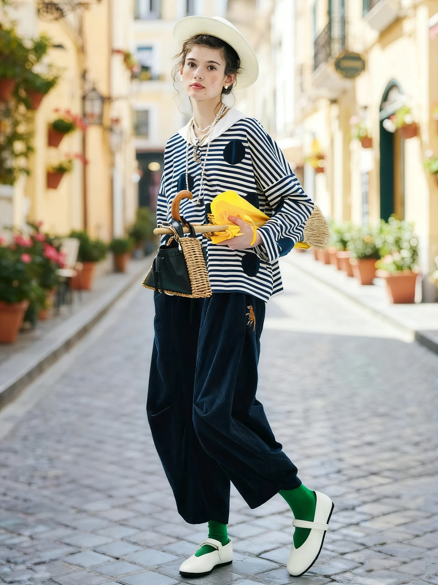 Gestreiftes, gepunktetes Patchwork-Sweatshirt, marineblaues Kragendesign, täglich lässig, frisch und altersreduzierend, 255214