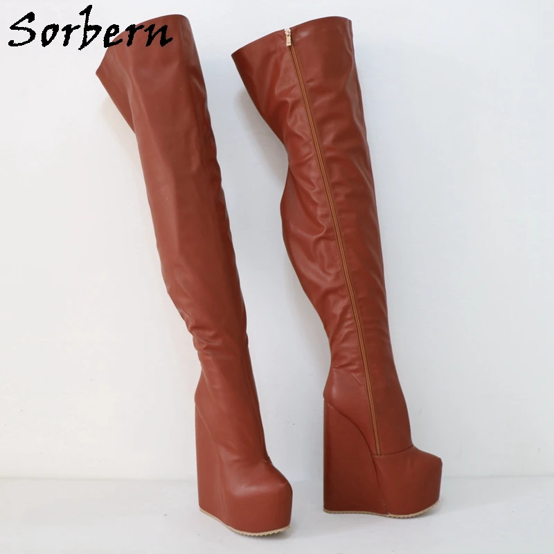 Sorbern 22Cm Brown Long Boots Women Wedge Heels Hidden Platform Winter Style Plush Lining Thigh High Boot Custom Leg Size Colors