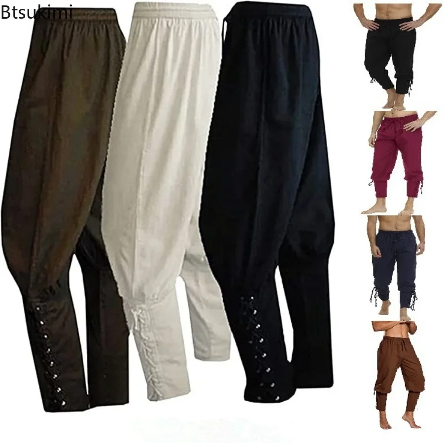 New 2024 Men's Medieval Renaissance Lounge Pirate Horseman Costume Loose Pants Viking Black Brown Navigator Leg Bandage Trouser