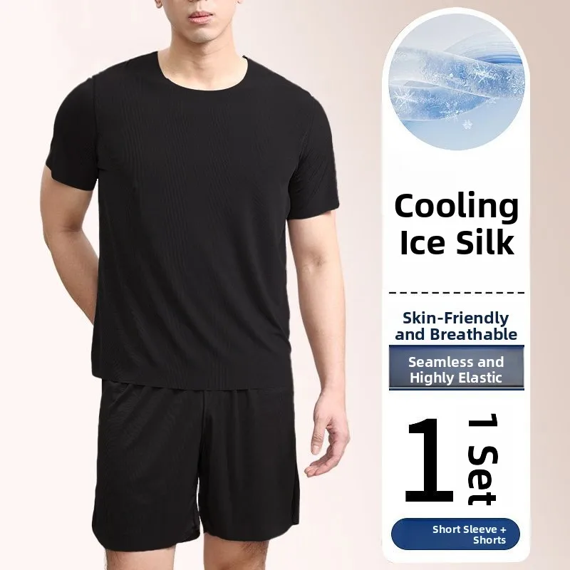 Ultra-Thin Ice Silk Cool Feeling Summer New Casual Home Clothes Sleepwear Men's T-Shirt Short Sleeve Shorts Set Seamless