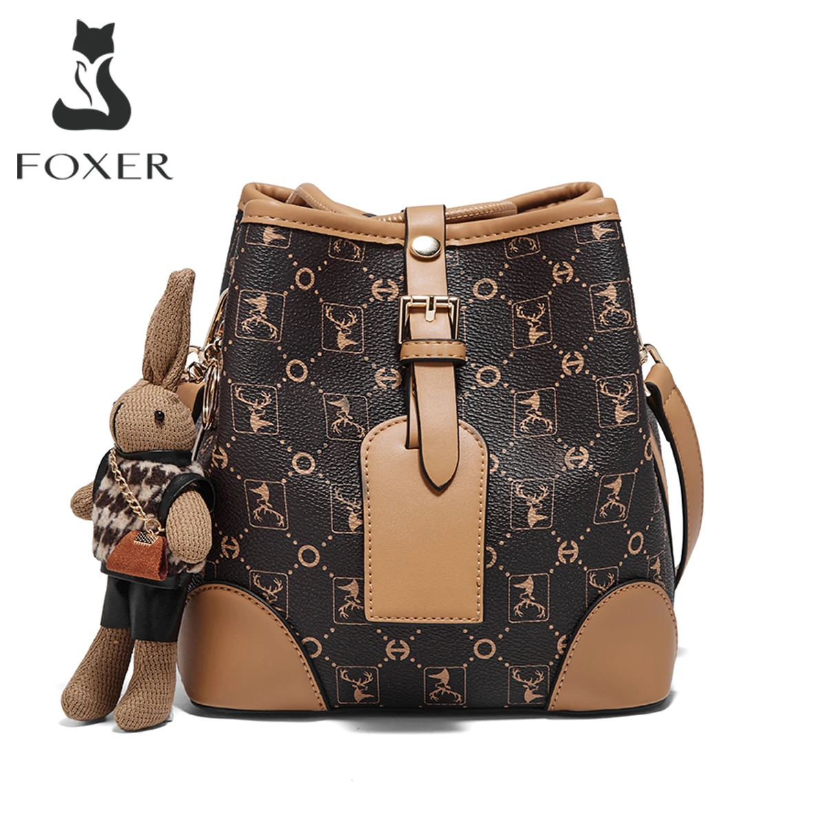 

Женская сумка-ведро FOXER из ПВХ-кожи, винтажная сумка через плечо с милым кроликом-подвеской, регулируемый ремень, кошелек