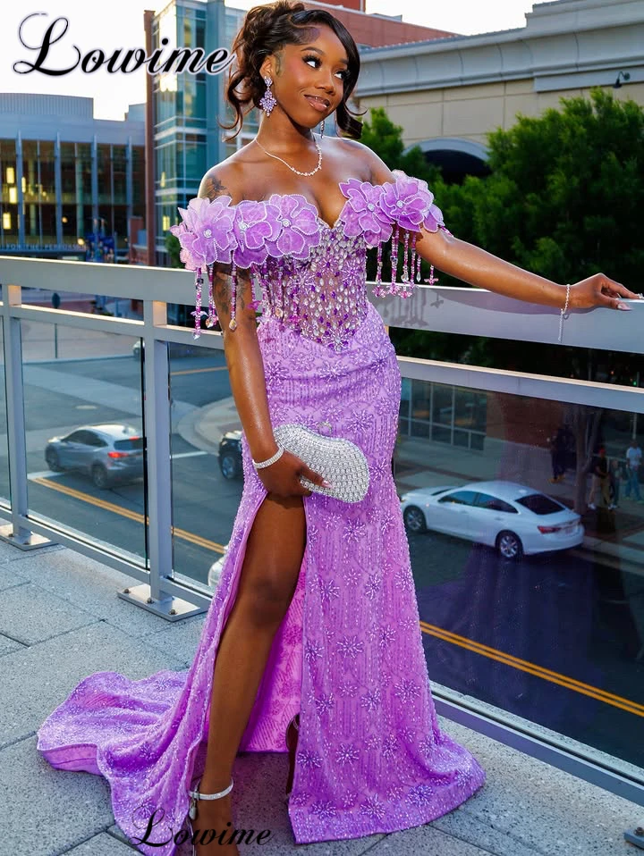 2026 Newest Lilac Evening Dresses With Side Slit Off Shoulder Crystals Prom Dress Mermaid Party Gowns Robes De Soirée Customized