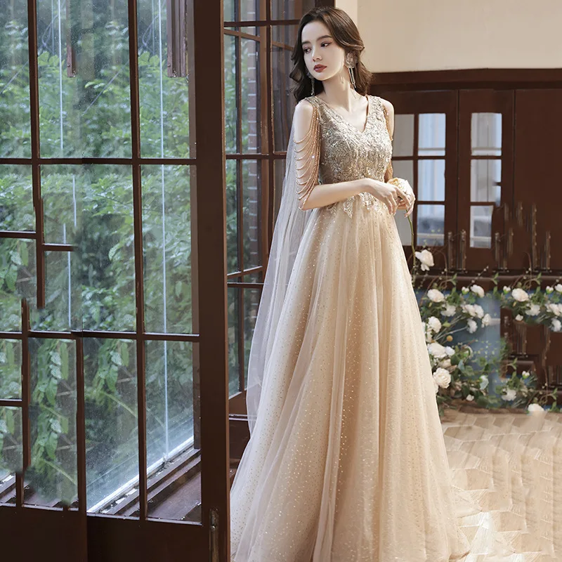 

Champagne Color V-neck Tassel Evening Dress Tulle Beading Sequin Shiny Banquet Dresses A-line Backless Bandage Prom Gown