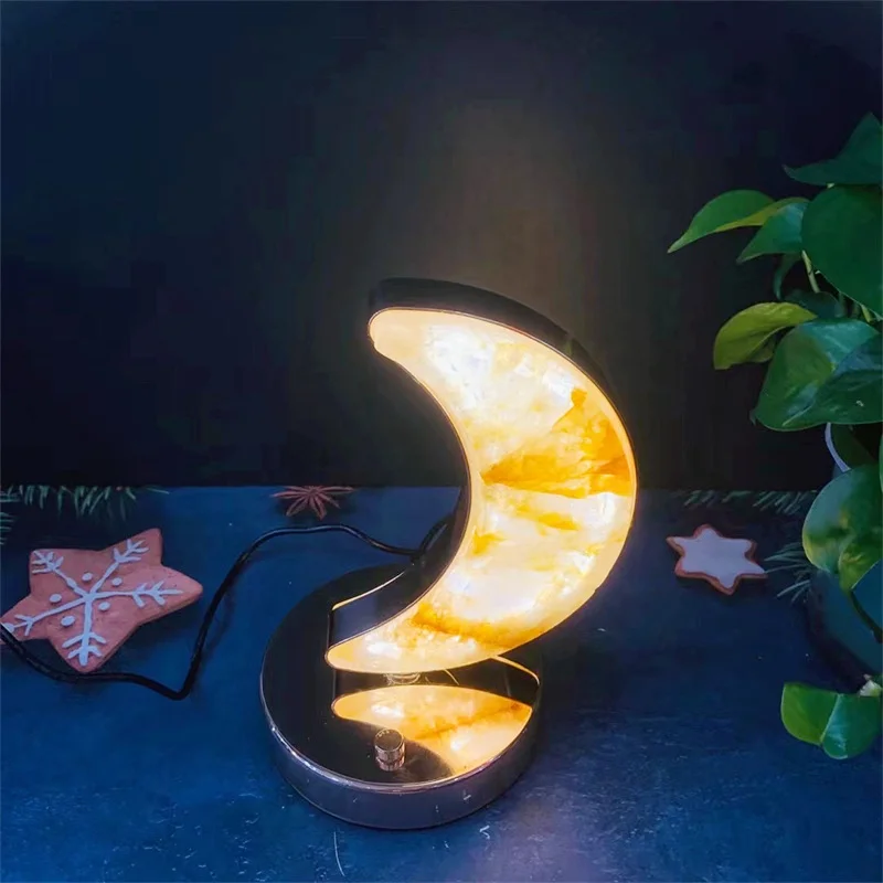 Natural Yellow Fire Quartz Hematoid Moon Night Lamp Meditation Table Night Light for Kids Girls Room Decor 1PCS