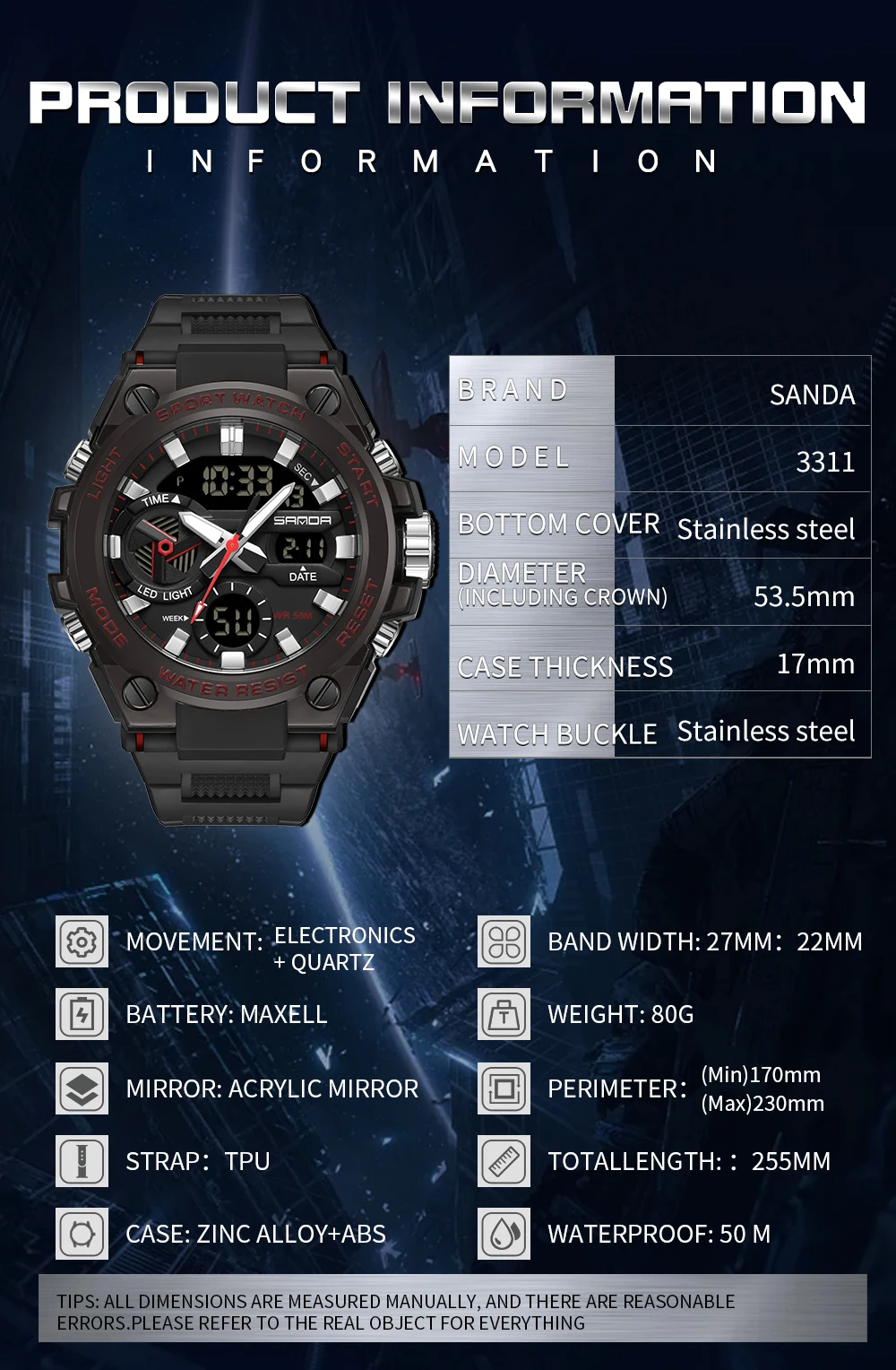 Waterproof Electronic Watch Digital Wristwatches SANDA 3311 Male Student Youth Fashion Trend Military Multifunctional Nightlight