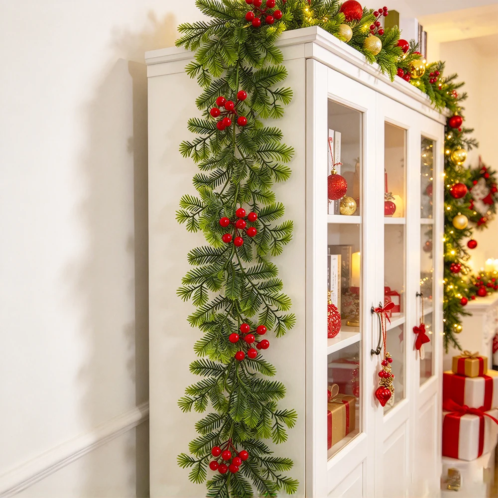 175cm Artificial Christmas Pine Tree Vine Fake Palm Plants Vine Hanging Faux Persian Garland Red Berry For Xmas Home Party Decor