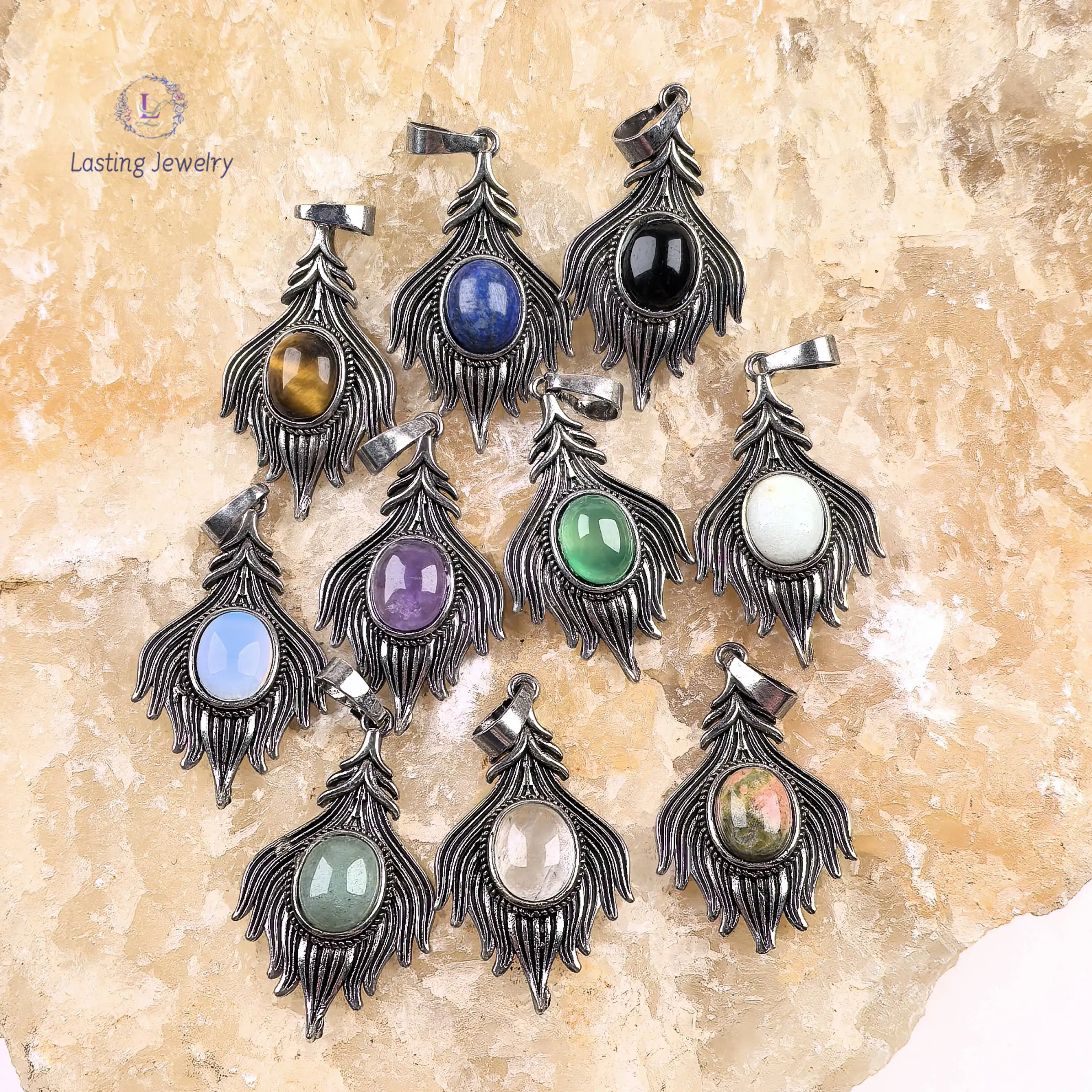 

Medieval Style Antique Silver Tassel Pendants,Oval Gemstone Unakite Lapis Aventurine Amethyst Charms Necklace Jewelry Making