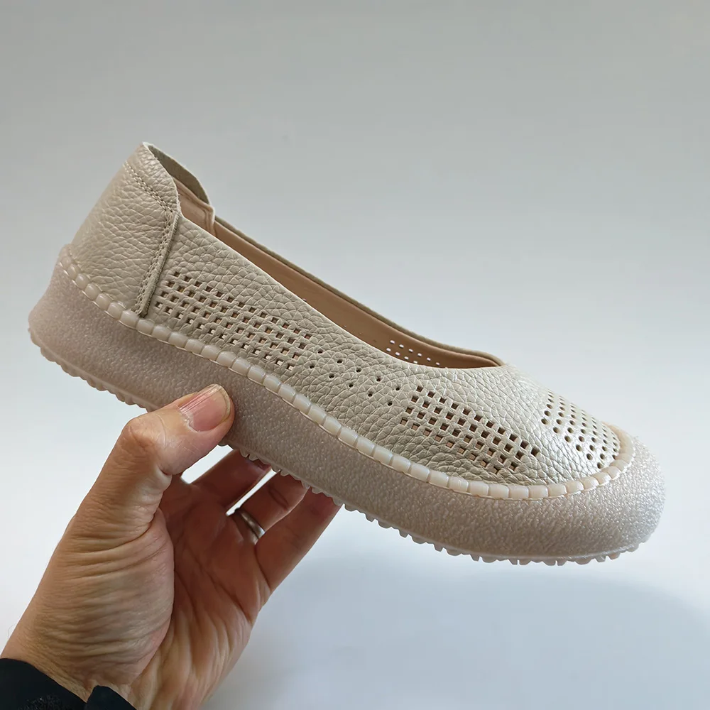 Genuine Leather Women Loafers Slip On Flats Cowhide Comfortable Soft Casual Shoes Daily Wear Black Beige Plus Size 41 D961