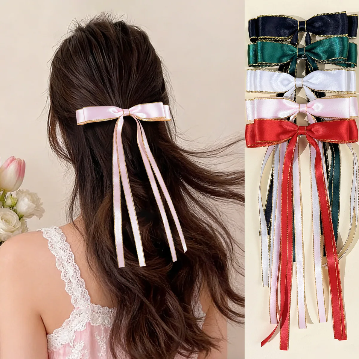 

36pc Long Tassel Hair Clips with Gold Edge Bow Side Hairgrips for Women Girls Bulk Pack of Long Ribbon Headwear Hair Accessories