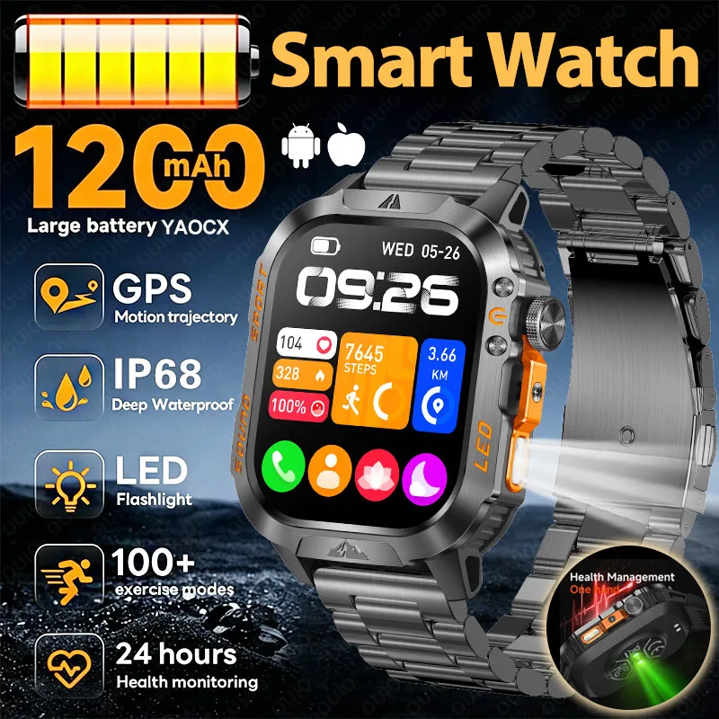 

2026 Outdoor Smart Watch 1200mAh Large Battery 100+ Sports Mode Health Monitor IP68 Waterproof LED Flashlight BT Call Smartwatch