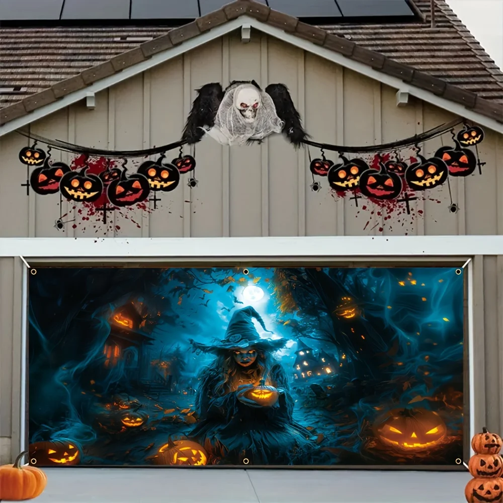لافتة جراج الهالوين - بوليستر، تصميم فانوس اليقطين لقلعة الساحرة المخيفة، ديكور حفلات الهالوين الليلية
