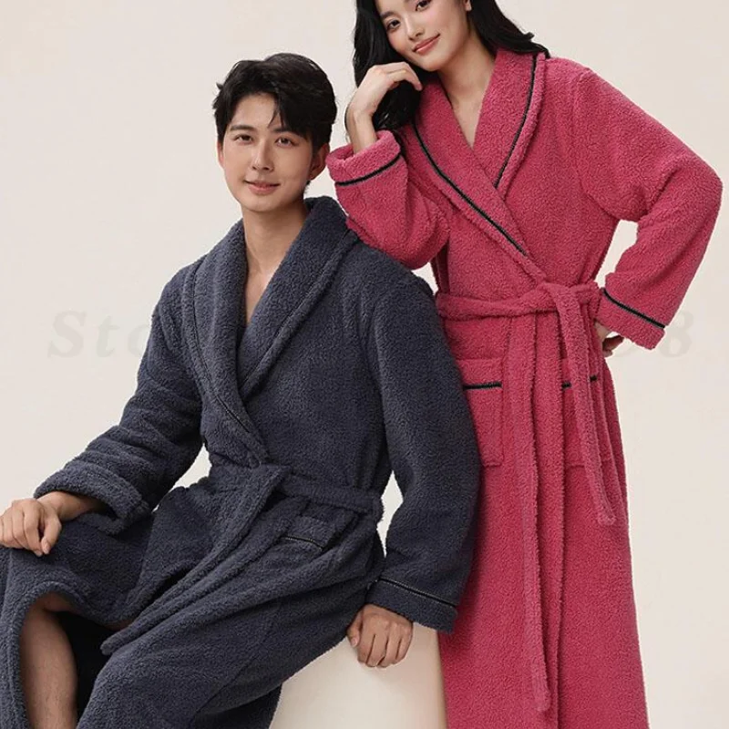 

Winter Bathrobe Kimono Gown Coral Fleece Sleepwear Thicken Warm Couple Long Robe Pajamas Home Wear Casual Flannel Pijama Mujer