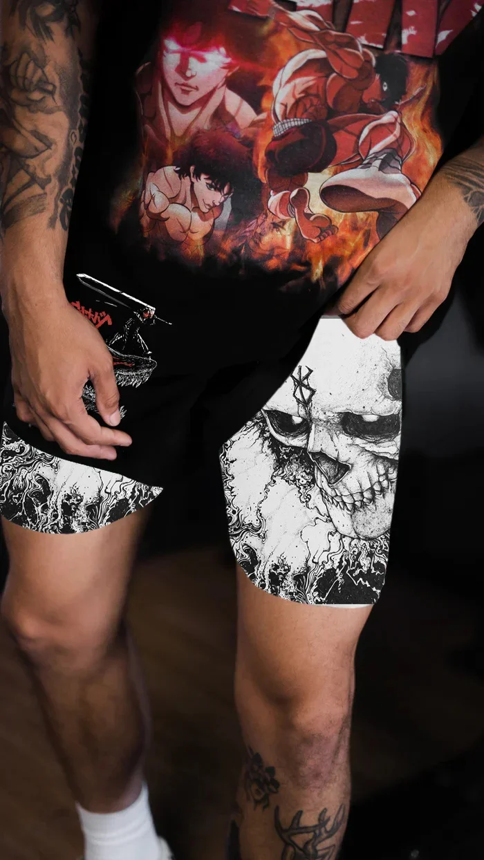 Men\'s Anime Shorts Berserk Manga Print 2 in 1 Gym Shorts Compression Stretchy Sports Shorts Quick Dry Fitness Workout Summer