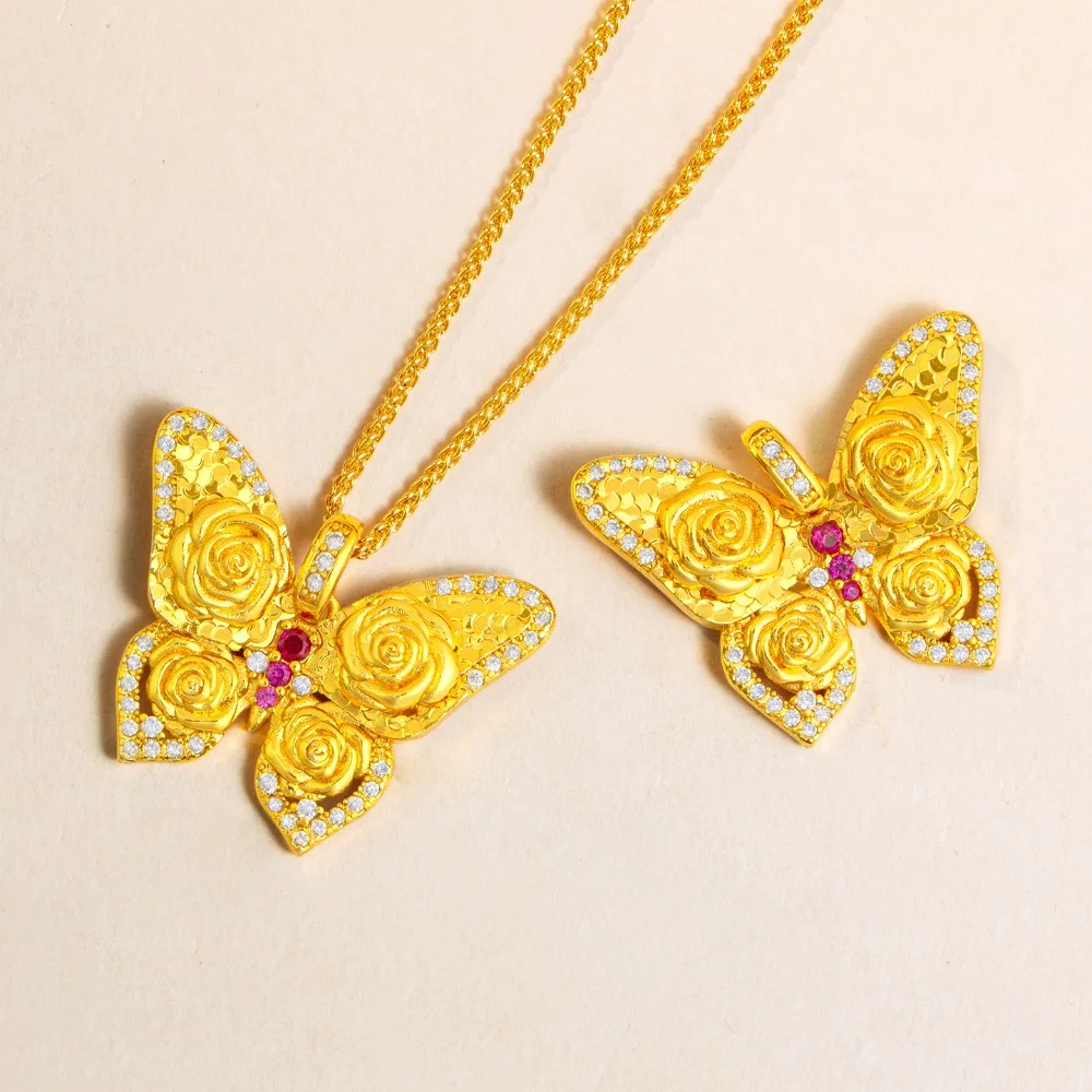 Burst flash point drill broken ice ice rose butterfly pendant women light luxury 9999gold