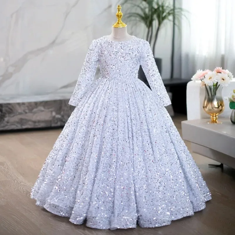 Shining Flower Girl Dresses for Wedding Sequins Full Length Floor Length Girl Kids Birthday Party First Holy Communion Gown