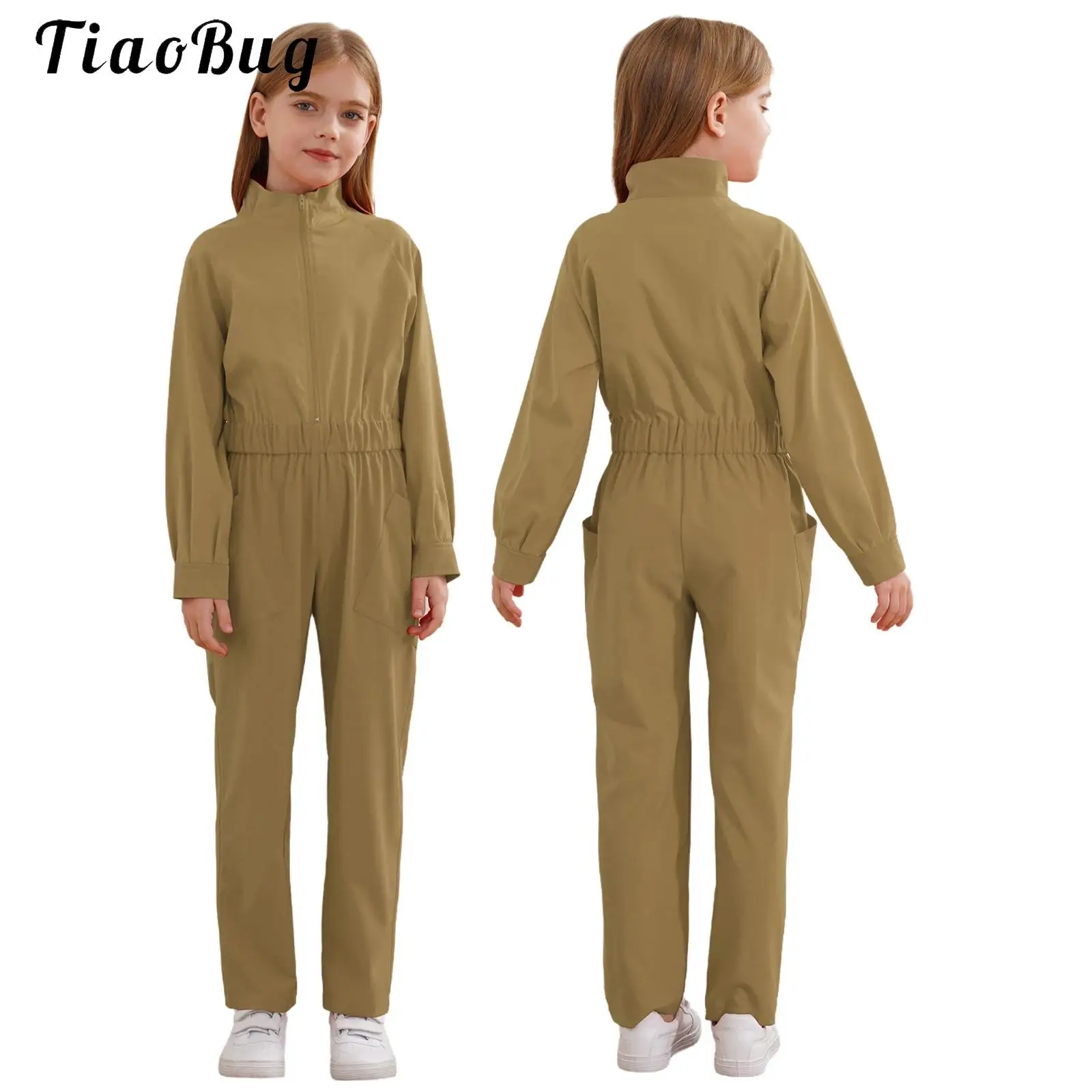 Girls Boys Cargo Coverall Costume Mechanic Jumpsuit Long Sleeve Zipper Flightsuit Boiler Suit with Pockets for Theme Party