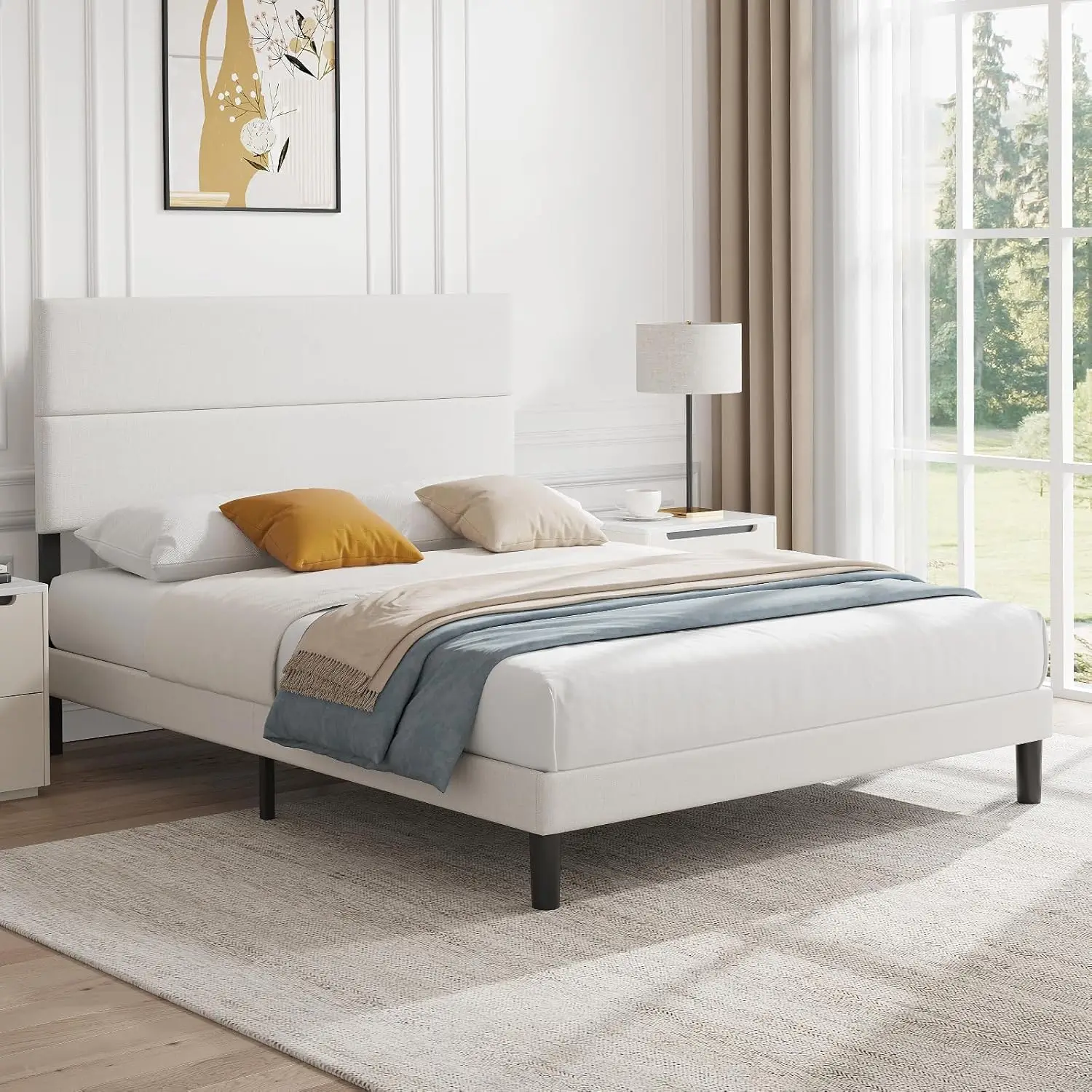 Platform Bed with Adjustable Headboard, Sturdy Bedframe Linen Fabric/Easy Assembly/No Box Spring Needed/Noise-Free/Cream