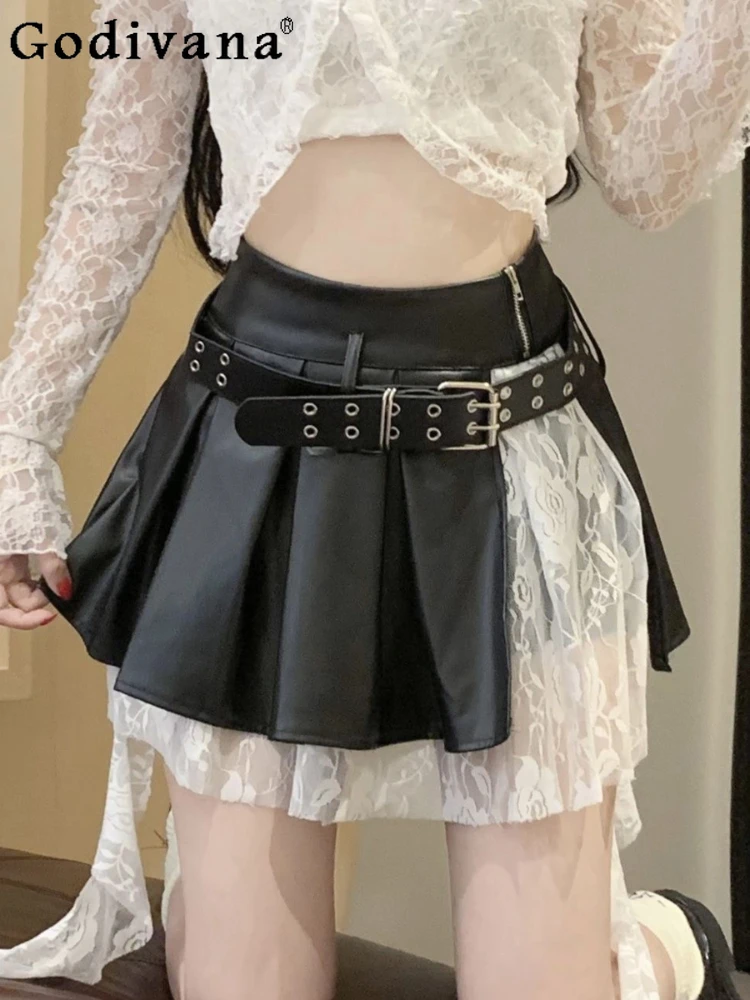 

American Irregular Lace Splicing High Waist Pleated Skirt Women's Autumn Winter Fashion Versatile Korean Pu Leather Short Skirts
