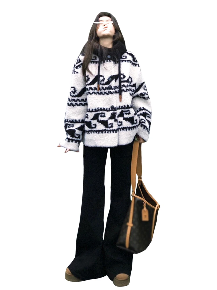 Giacca in pelliccia di agnello intrecciata da donna retrò americana con cappuccio in cotone sandwich capispalla inizio autunno cappotto coreano Sle ort